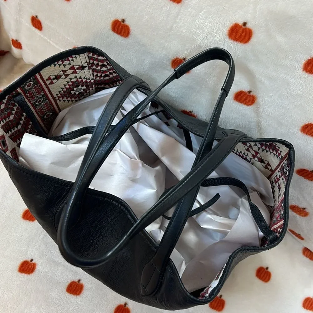 Hobo Tote Shoulder Bag Black Leather Aztec Tribal Fabric Lined Reversible